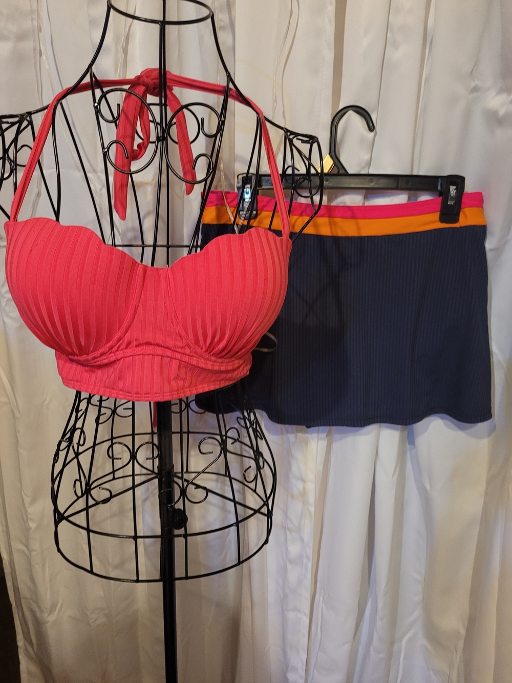Amazon Pink Ribbed Halter Bikini Top with Navy Swim Skirt